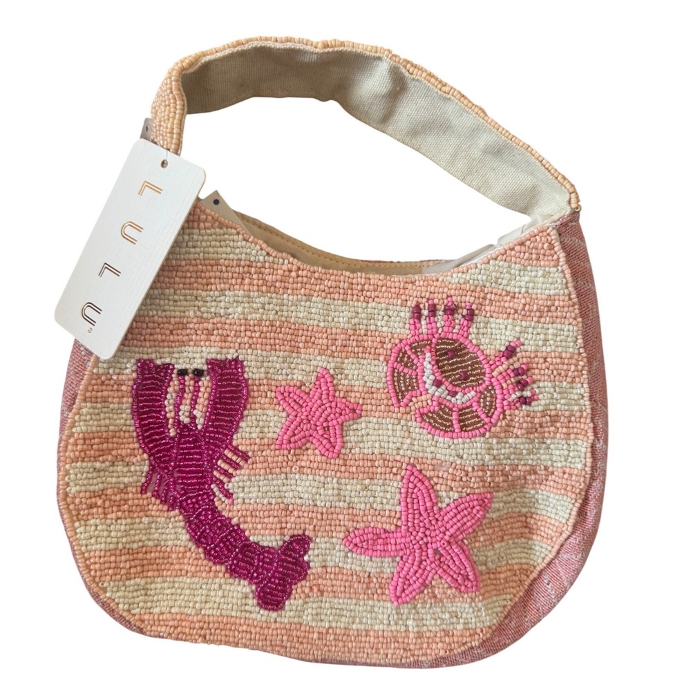 LULU Viral Handcrafted Beaded Bag Sea Life ink Lobster Crab Star Tote Small NWT